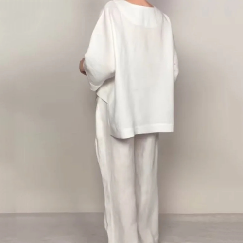 Liza - Ensemble en coton et toile 2 pièces - Haut à col en V et pantalon à jambes larges