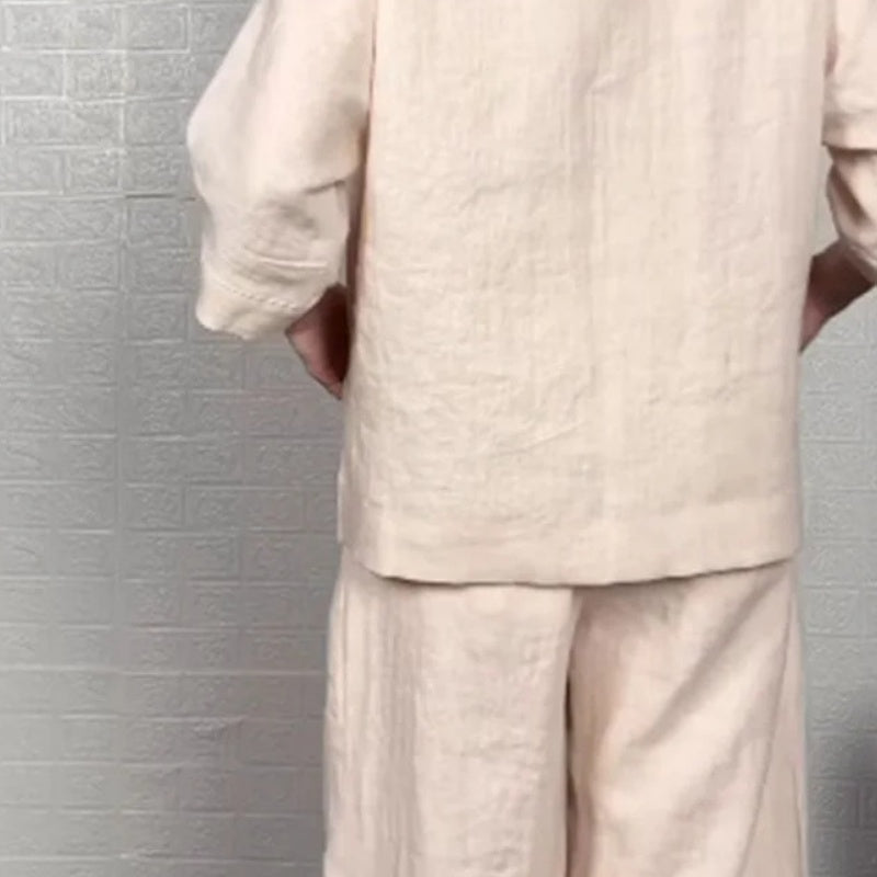 Liza - Ensemble en coton et toile 2 pièces - Haut à col en V et pantalon à jambes larges