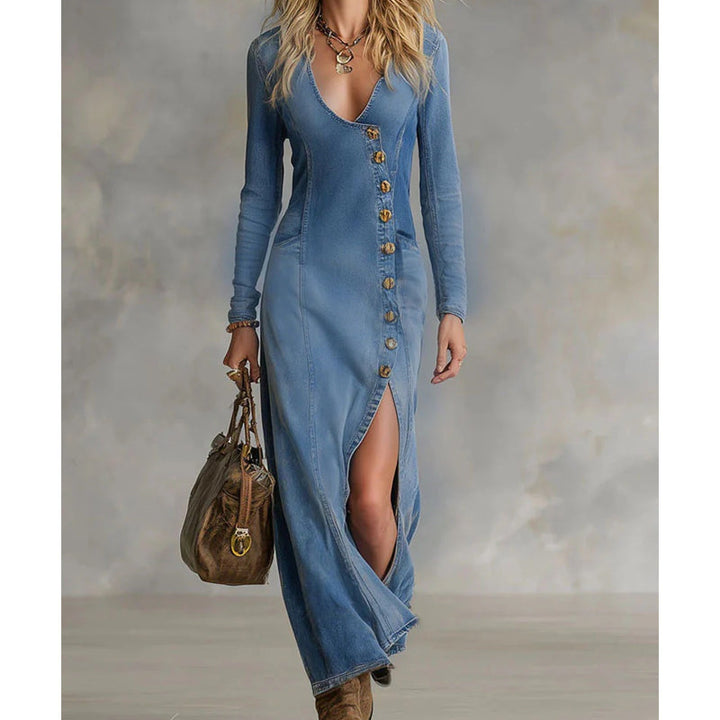 Robe maxi à manches longues avec décolleté en V pour femmes – Élégante, Confortable & Près du corps