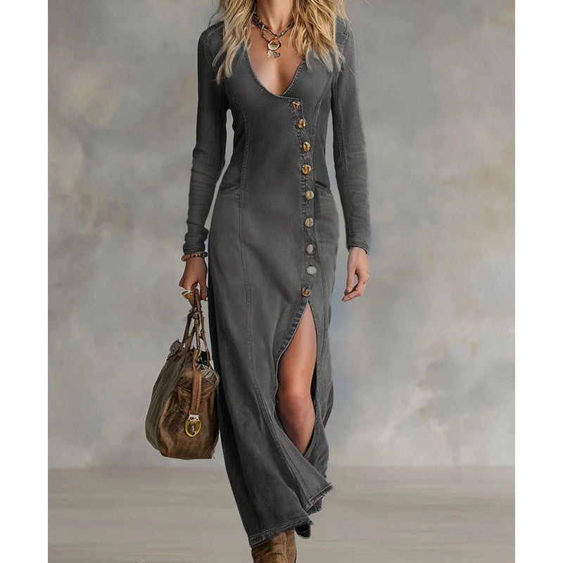 Robe maxi à manches longues avec décolleté en V pour femmes – Élégante, Confortable & Près du corps