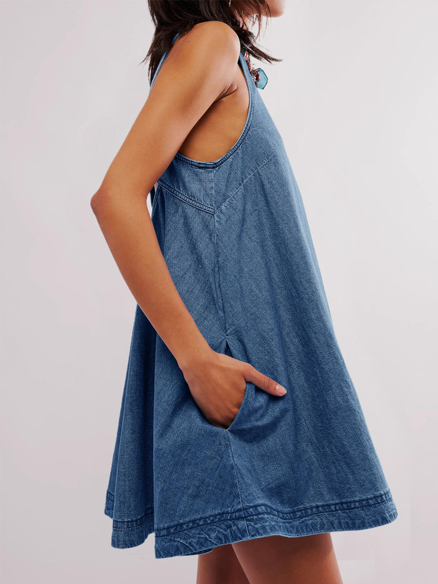 Nancy | Robe en jean mini sans manches et dos nu