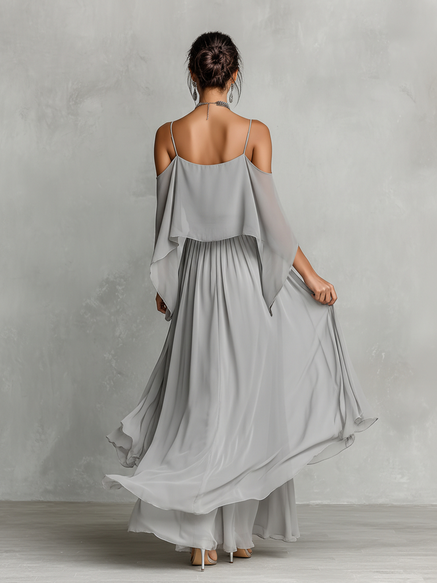 Ensemble Chiffon Respirant Gris Femme Avec Détail Épaules Nues & Silhouette Évasée, Style Contemporain Luxe-Féminin
