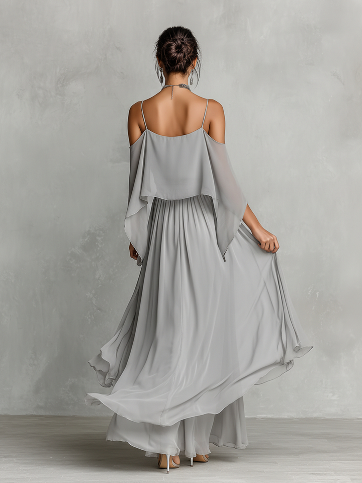 Ensemble Chiffon Respirant Gris Femme Avec Détail Épaules Nues & Silhouette Évasée, Style Contemporain Luxe-Féminin