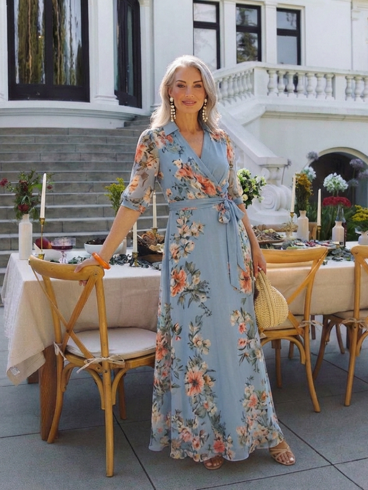 Elowen | Abito Maxy a V con Maniche a Fiori