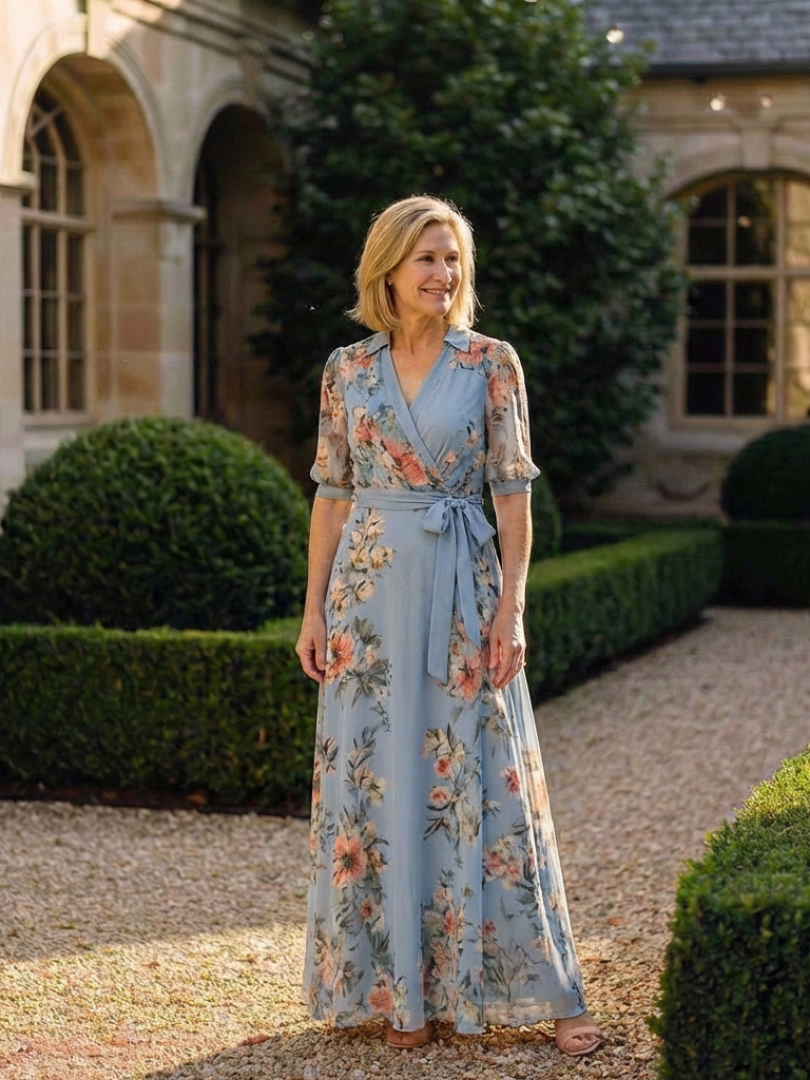 Elowen | Abito Maxy a V con Maniche a Fiori