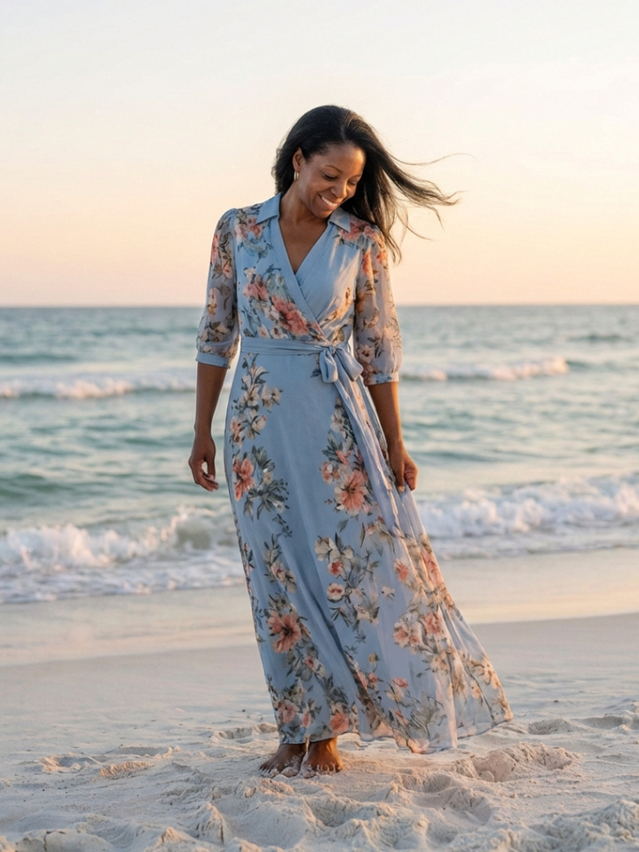 Elowen | Abito Maxy a V con Maniche a Fiori