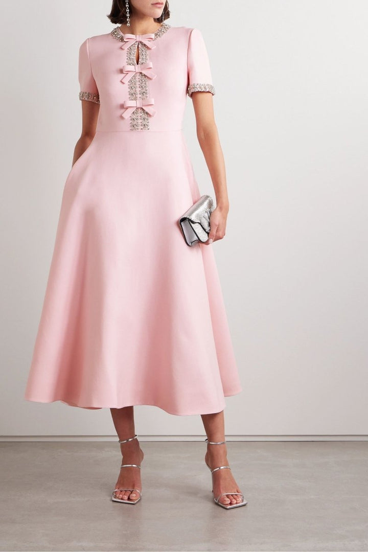 Robe Midi avec Nœud et Décorations en Cristal